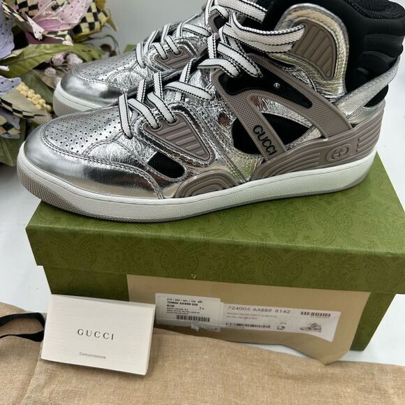 Men’s Gucci basket high top silver sneakers size 7.5 made in Italy - Picture 6 of 12